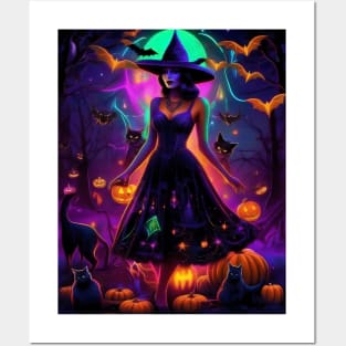 Halloween Spooky Neon Vintage Black Magic Witch Posters and Art